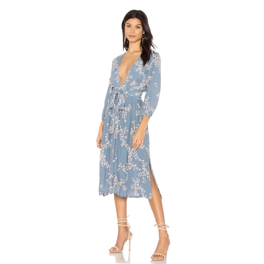 Faithfull the Brand Baby Blue Floral Chloe plunge quarter sleeve Midi Dress